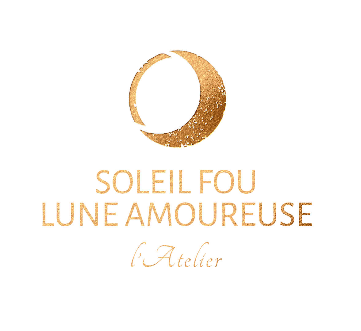 Logo vertical Le logo de l'Atelier du Soleil Fou, inspiré par les belles rencontres amoureuses de la lune douce et du soleil radieux.