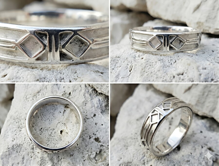 Alliance motif médiéval Sagesse Cathare en or blanc rhodié, détails sous plusieurs angles.