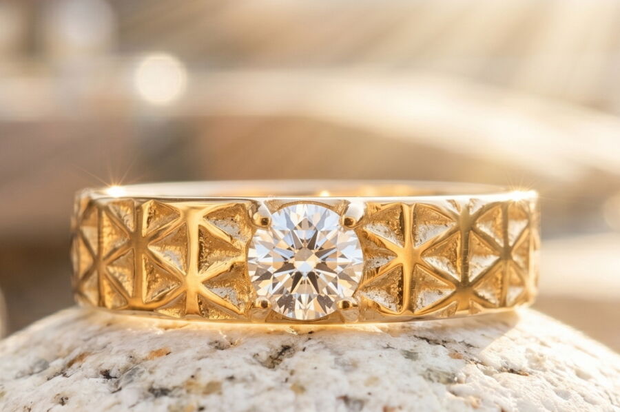 Alliance Petite Étoile en or jaune sertie d'un diamant central, motif géométrique.