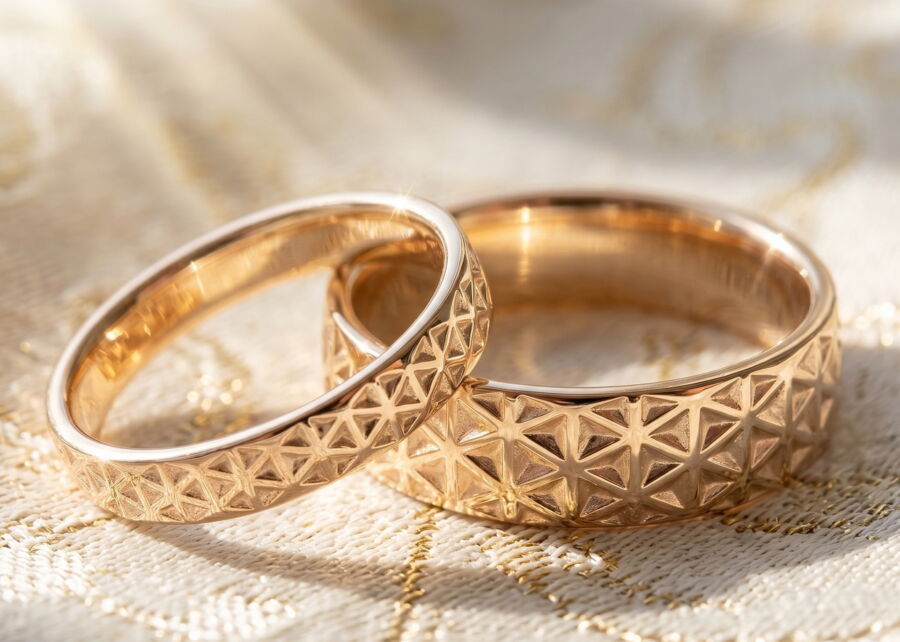 Duo d'alliances Petite Étoile en or jaune, une lisse et une au motif géométrique.