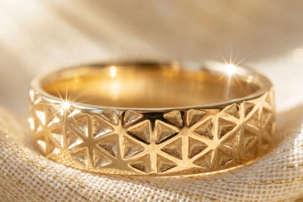 Alliance Petite Étoile en or jaune, motif géométrique texturé fait main, largeur 5 mm — Atelier du Soleil Fou. Alliance Petite Étoile en or jaune, motif géométrique texturé fait main, largeur 5 mm — Atelier du Soleil Fou.