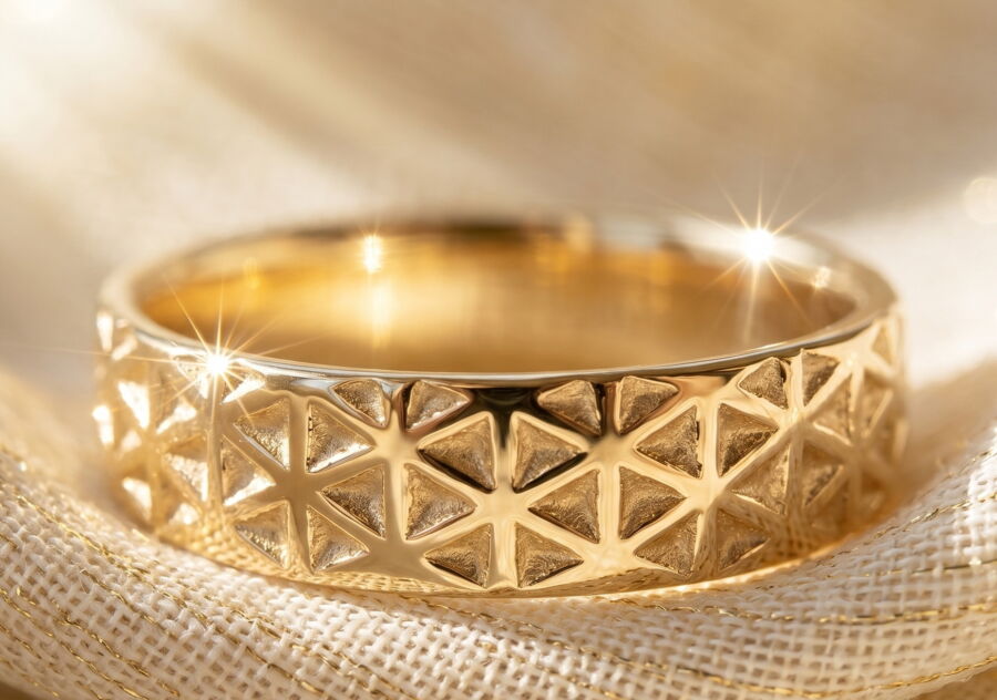 Alliance Petite Étoile en or jaune, motif géométrique texturé fait main, largeur 5 mm — Atelier du Soleil Fou. Alliance Petite Étoile en or jaune, motif géométrique texturé fait main, largeur 5 mm — Atelier du Soleil Fou.