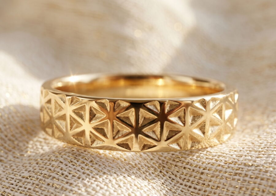 Alliance Petite Étoile en or jaune, motif géométrique en relief, vue rapprochée — Atelier du Soleil Fou. Alliance Petite Étoile en or jaune, motif géométrique en relief, vue rapprochée — Atelier du Soleil Fou.