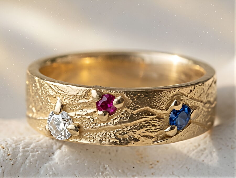 Alliance or texturé Portée du Vent en or jaune, grain texturé serti d'un diamant, d'un saphir rose et d'un saphir bleu.